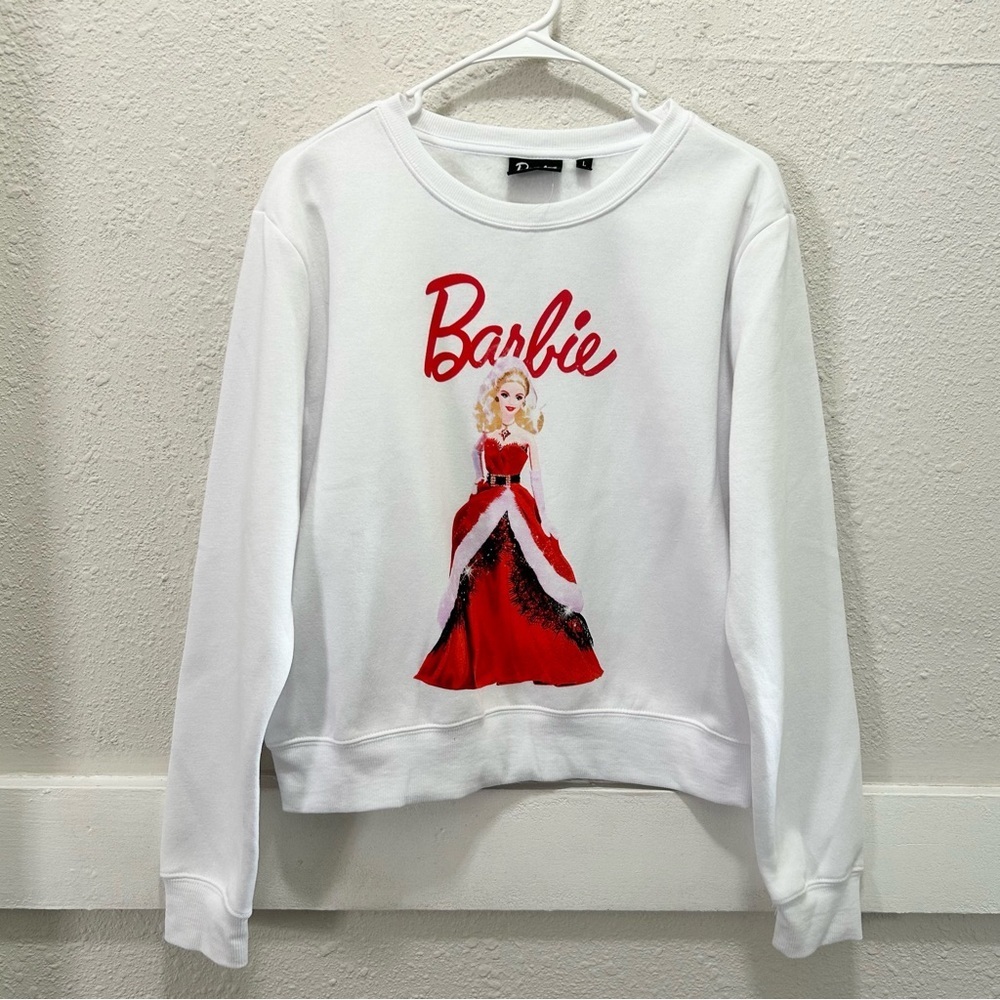 Barbie White Pullover Sweatshirt Barbie in Christmas Gown Large